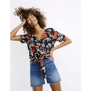 Madewell Hillside Navy and Red Daisies Tie Blouse Short Sleeve Shirt - Size - XS